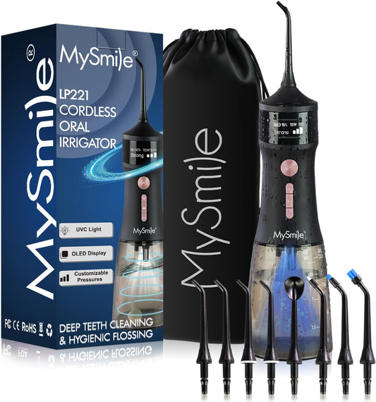 MySmile LP221 UVC Sterilizable Cordless Water Flossers for Teeth 335ML Portable OLED Display Dental Flosser with 4 Modes 8 Jet Tips and a Storage Pouch for Home and Travel