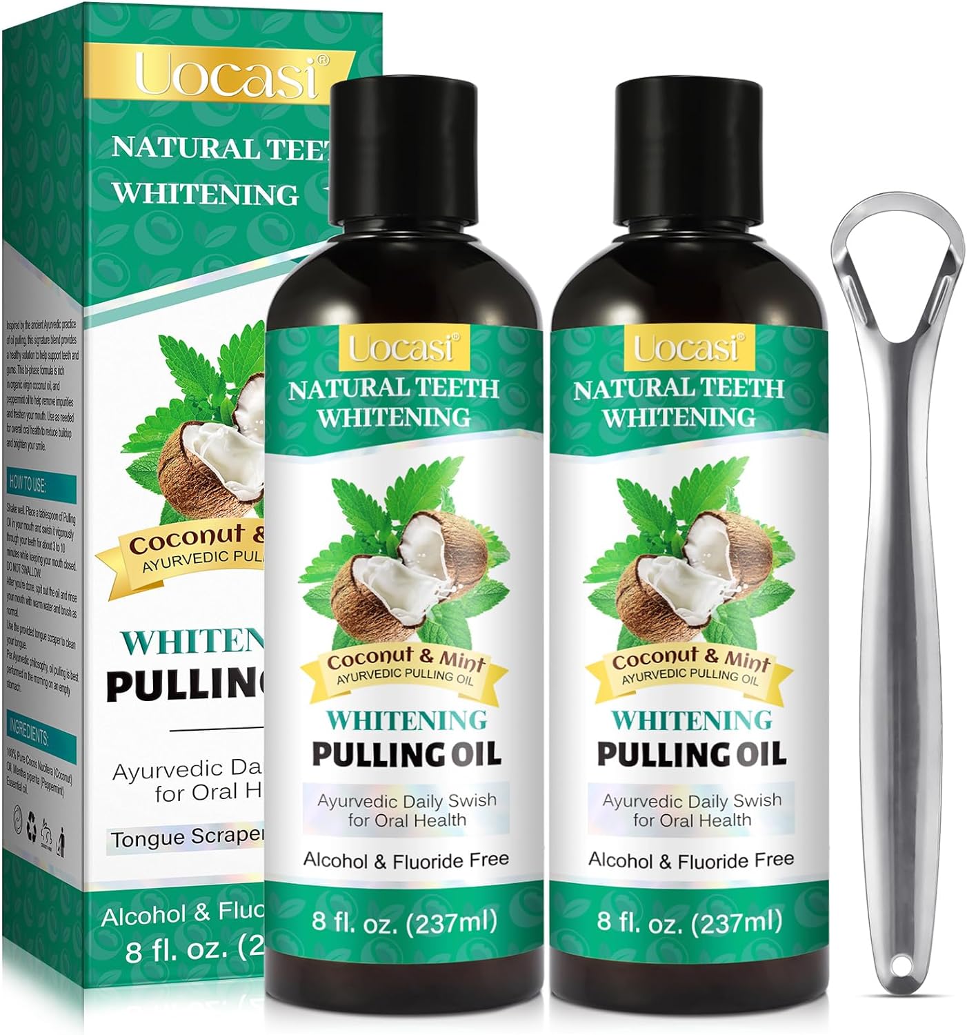 2Pack Coconut Oil Pulling for Teeth and Gums, Oil Pulling with Tongue Scraper, Fights Bad Breath, Tooth Whitening, Dye Free, Alcohol-Free, Antigingivitis Oral Rinse, Natural Oral Care - Mint Flavor