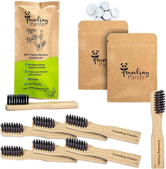 Traveling Panda Mini Travel Bamboo Toothbrush Kit with 8 Soft Bristle Toothbrushes and Charcoal Toothpaste Tablets 80 Tabs
