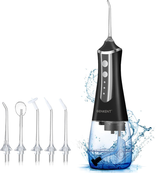 GENKENT Water Flosser Cordless for Teeth Cleaning 300ML Dental Oral Irrigator 3 Modes 5 Tips Rechargeable Waterproof Electric Flossing for Home Travel (Black)