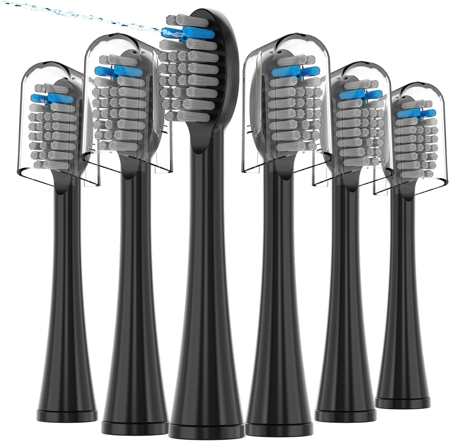 6 Pack Replacement Flossing Toothbrush Heads for Waterpik Sonic Fusion - Compatible with SF-01/SF-02/SF-03/SF-04 - Black with Caps