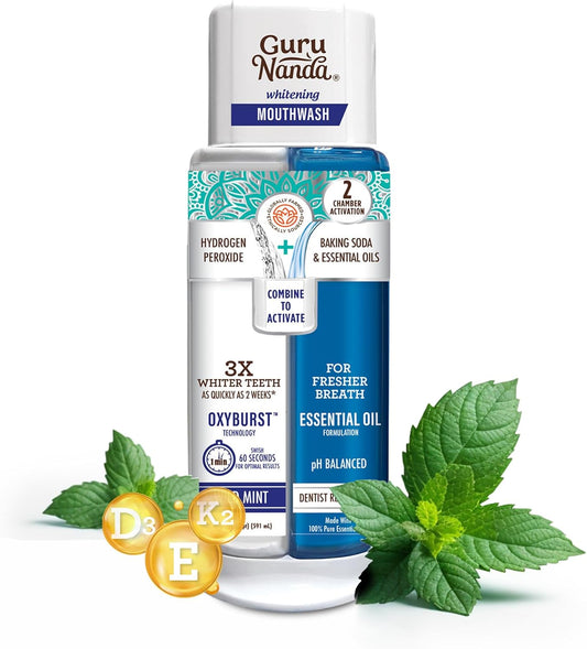 GuruNanda Dual Barrel Oxyburst Whitening Mouthwash with Hydrogen Peroxide, Alcohol & Fluoride Free with Natural Essential Oils (Wild Mint), 20 Fl Oz