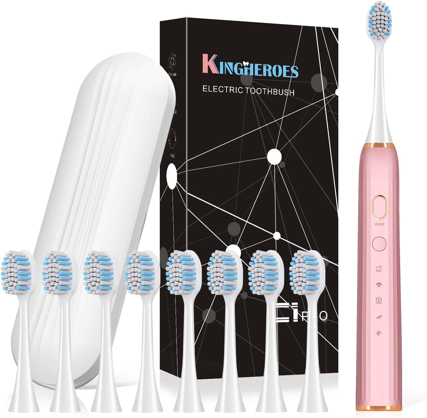 kingheroes Electric Toothbrush Set, Ultrasonic Toothbrush with 5 Modes, 15 Vibration Frequencies and 8 Brush Heads, 58000 VPM Motor, Lasts 40 Days in One Charge, Comes with Travel Case (Pink)