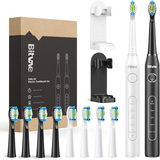 Bitvae Electric Toothbrushes 2 Pack Ultrasonic Toothbrush with Holders, Dual Ultrasonic Electronic Toothbrush 8 Brush Heads 5 Modes, Rechargeable Power Toothbrush for 30 Days Using, Black & White