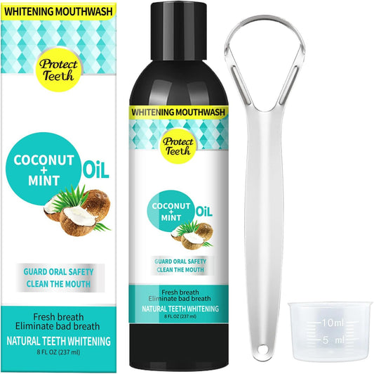 Coconut Pulling Oil, Mint Oil Pulling Mouthwash, Natural Alcohol Free Teeth Whitening & Gum Health, Fresh Breath, Including Tongue Scrapper and Measuring Cup(8 fl. 0z)