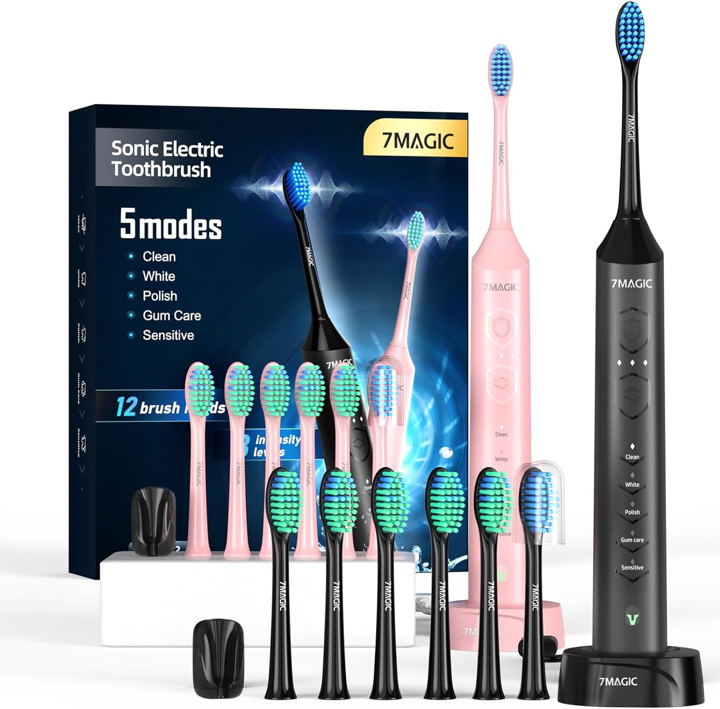 Electric Toothbrush for Adults, Sonic Toothbrush with 5 Modes & 3 Intensity Levels, 40,000 VPM Toothbrushes with 12 Brush Heads, IPX7 Waterproof Tooth Brush, One Charge for 60 Days, 2-Min Timer