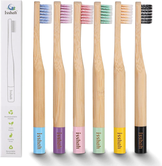 Isshah Kids Bamboo Toothbrushes Biodegradable Handle BPA Free Eco Friendly Children Size, Pack of 6 (Spiral Soft Nylon Bristles)