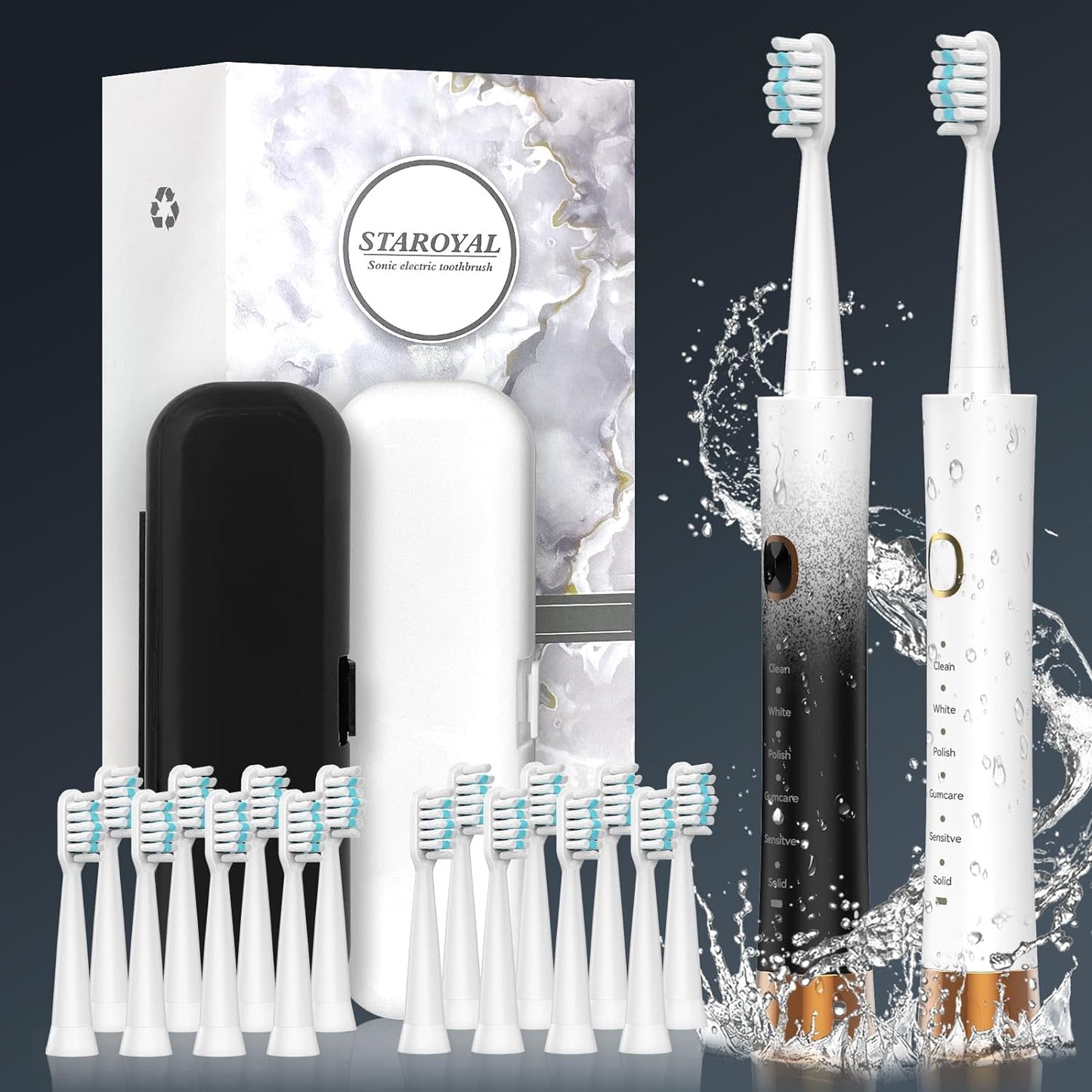 2 Pack Sonic Electric Toothbrush for Adults with IPX8 Waterproof, 16 Brush Heads, Ultra Long Battery Life & Fast Charging, 6 Cleaning Modes Smar, Smart Time Reminder Travel Electric Toothbrush