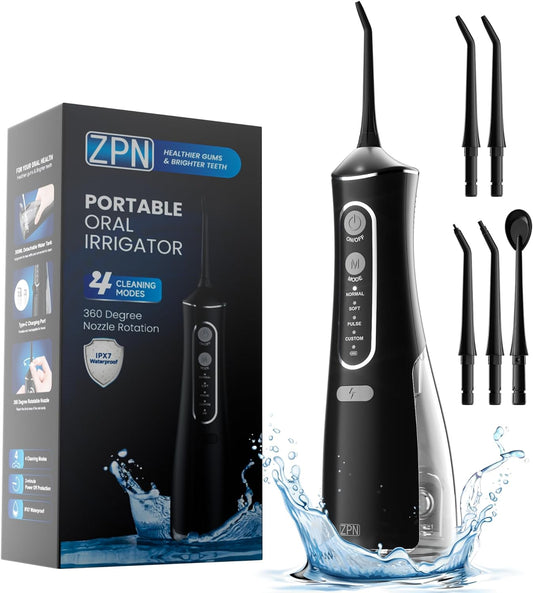 Water flosser for Teeth Cleaning and Flossing with 5 Replaceable Jet Tips, IPX7 Waterproof Water Flosser Portable and Rechargeable for Home and Travel with 4 Modes Normal/Soft/Pulse/Custom (Black)