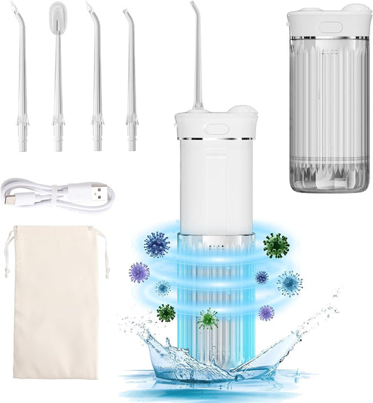 Travel Water Flosser, Mini Portable Oral Irrigator, Telescopic Water Tank, 4 Nozzles, Unique Light, IPX7 Waterproof, Cordless Water Flosser for Teeth, Gums, Braces,Dental Care for Home Travel (White)