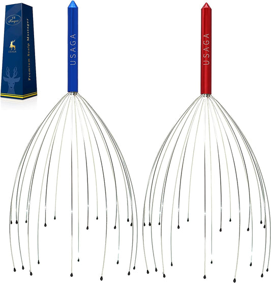USAGA Head Scratcher, 20 Fingers Scalp Massager, Head Whisk Massager for Head Body Stress Relax [2-Pack] Updated Version (Red & Blue)