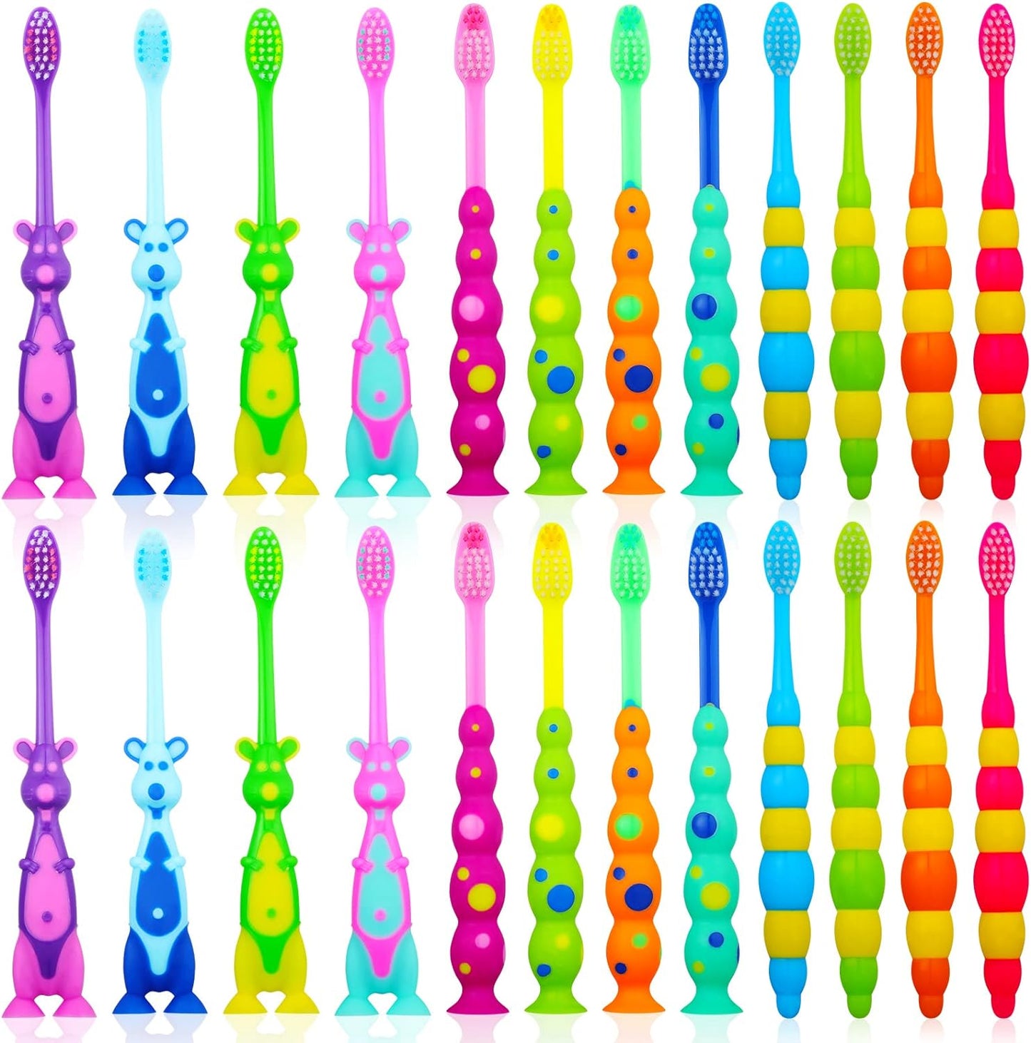 Lauwell Toddler Toothbrush Kids Manual Toothbrush Individually Wrapped Toothbrushes with Covers Suction Cup Toothbrush Lovely Soft Bristle Animal Toothbrush for Kids Sensitive Teeth (24 Pieces)