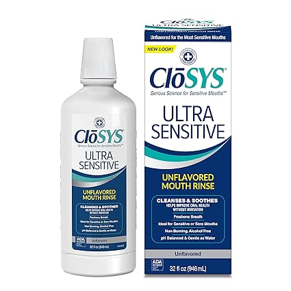 CloSYS Ultra Sensitive Mouthwash, 32 Ounce, Unflavored (Optional Flavor Dropper Included), Alcohol Free, Dye Free, pH Balanced