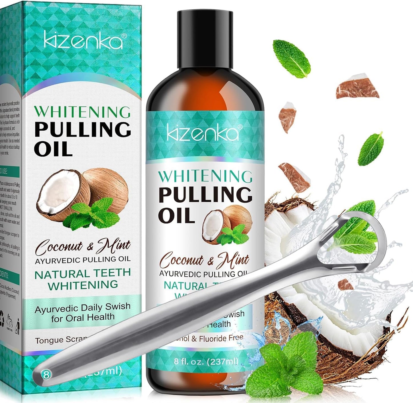 Coconut Oil Pulling for Mouthwash, Mint Oil Pulling for Teeth Whitening, Fresh Breath, Gum Health, with 7 Essential Oils, Vitamin D, E, K2, Alcohol Free, Natural Pulling Oil with Tongue Scraper 237ml
