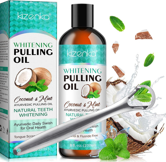 Coconut Oil Pulling for Mouthwash, Mint Oil Pulling for Teeth Whitening, Fresh Breath, Gum Health, with 7 Essential Oils, Vitamin D, E, K2, Alcohol Free, Natural Pulling Oil with Tongue Scraper 237ml