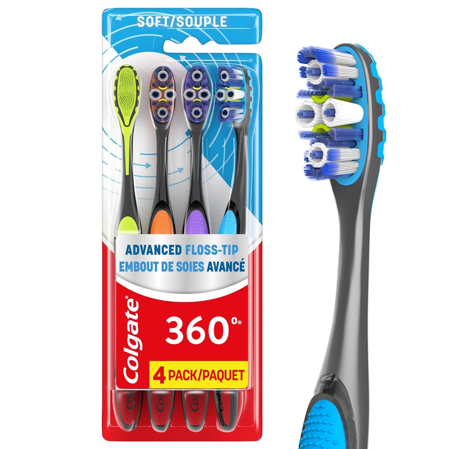 Colgate 360 Advanced Floss Tip Toothbrush, Soft Toothbrush for Adults, 4 Pack