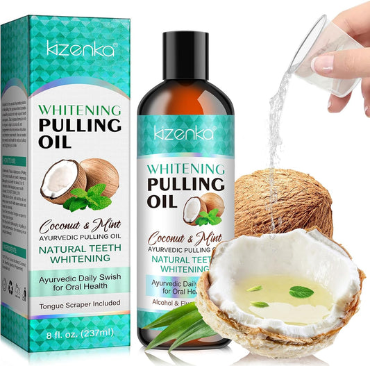 Coconut & Mint Oil Pulling with 7 Natural Essential Oils, Advanced Pulling Oil Alcohol Free Mouthwash with Tongue Scraper, Helps with Fresh Breath, Natural Teeth Whitening and Gum Health-8Fl.Oz