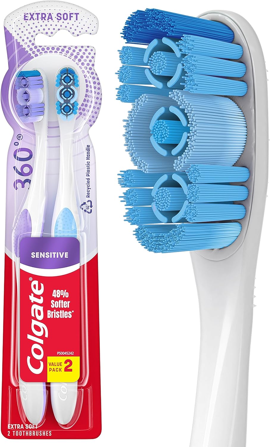 Colgate 360 Extra Soft Toothbrush for Sensitive Teeth and Gums with Tongue and Cheek Cleaner, 2 Pack