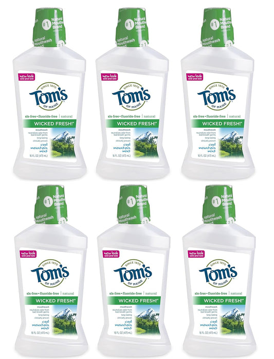 Tom's of Maine Long Lasting Wicked Fresh Cool Mountain Mint Mouth Wash, 16 Ounce Bottles, Pack of 6