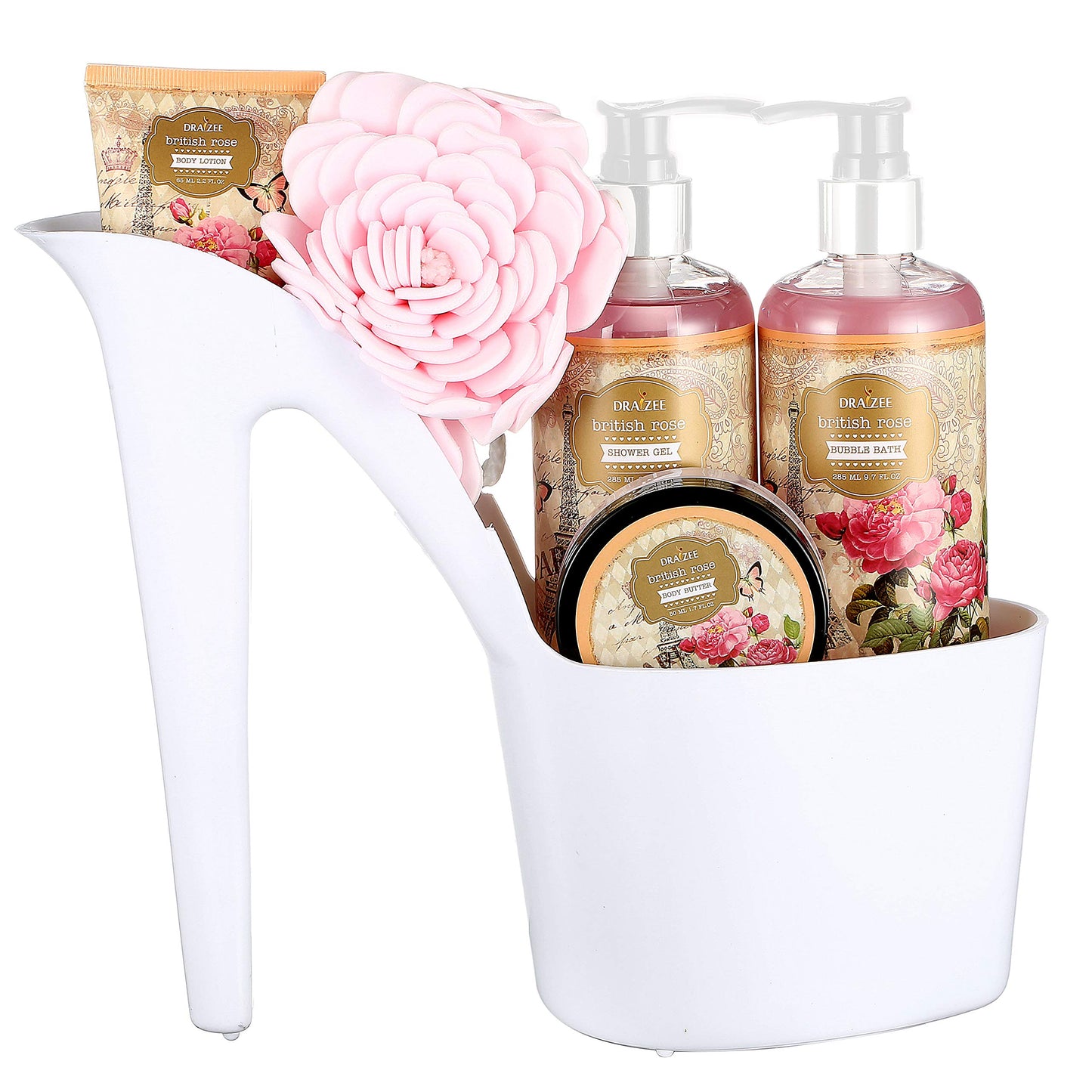 Valentines Day Spa Gift Basket For Her - Rose Scented Spa Basket For Women 5 Pcs Heel Shoe Home Relaxation Set with Body Lotion & Butter, Shower Gel, Bubble Bath Anniversary Gift Idea By Draizee