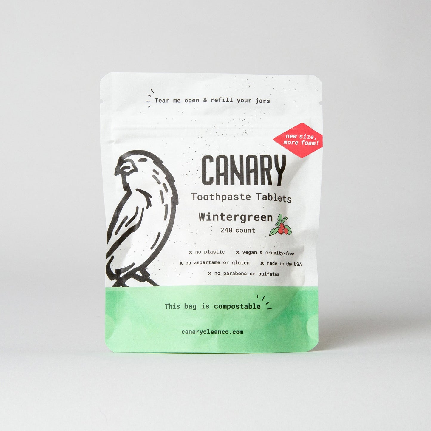 New and Improved Canary Wintergreen Toothpaste Tablets, 240 count compostable pouch, front view of the pouch