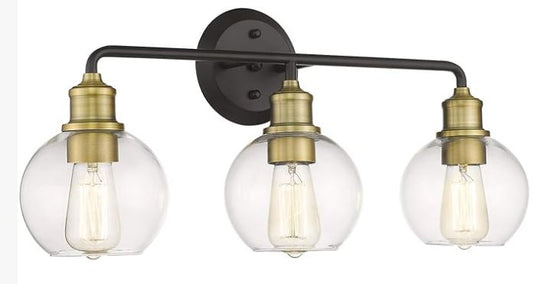 AKEZON 3-Light Bathroom Vanity Lights, Bathroom Lighting Fixtures Over Mirror, Matte Black & Antique Brass Finish with Clear Glass Shade, KW-7221-3